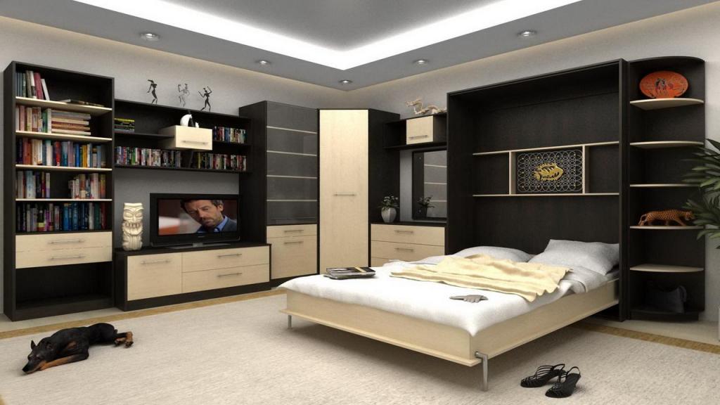 interesting-bed-invisible-design-set-on-dark-wooden-wall-cabinet-idea-including-tv-on-vanity-beside-book-shelves-as-well-beige-carpet-covering-floor-along-with-led-lighting-in-ceiling